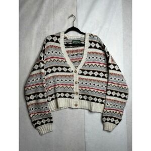 American Eagle Fair Isle Cardigan Sweater Cream Geometric Crop see measurements